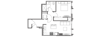 A floor plan of a house with a kitchen, living room, and bathroom.