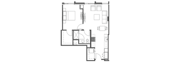 A black and white floor plan of a house with a kitchen, living room, and bathroom.