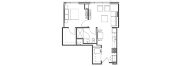 A floor plan of a house with a kitchen, living room, and two bedrooms.