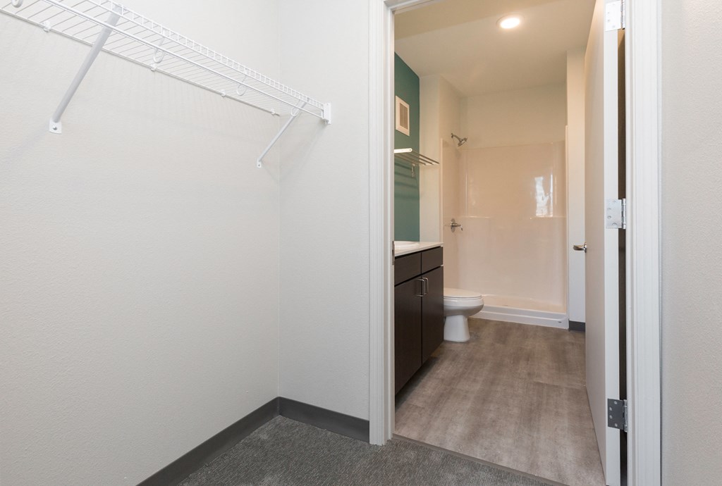 a bathroom with a closet and a toilet in it