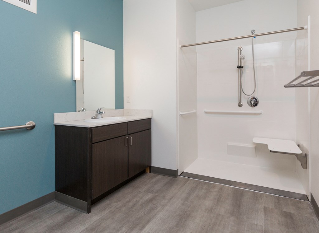 a bathroom with a shower and a sink and a mirror