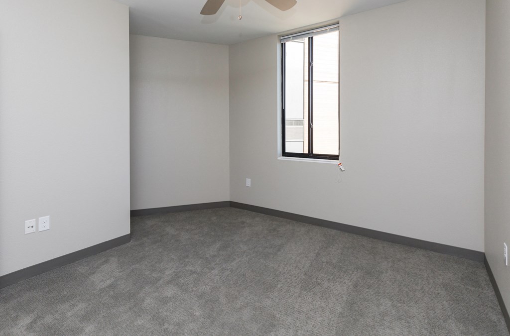 room with carpet and window in the corner of the room