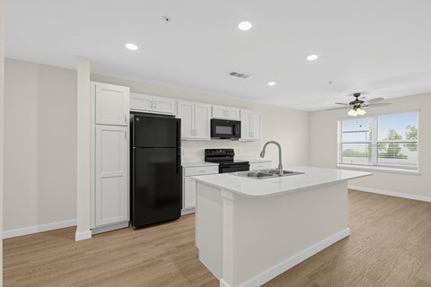 A kitchen with black appliances and white cabinetry.