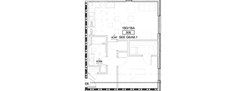 A floor plan of a building with labeled rooms and areas.