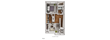 A floor plan of a small apartment with a kitchen, living room, and bedrooms.