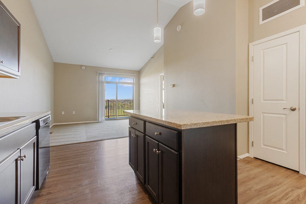 A kitchen with dark wood cabinets and a white door.