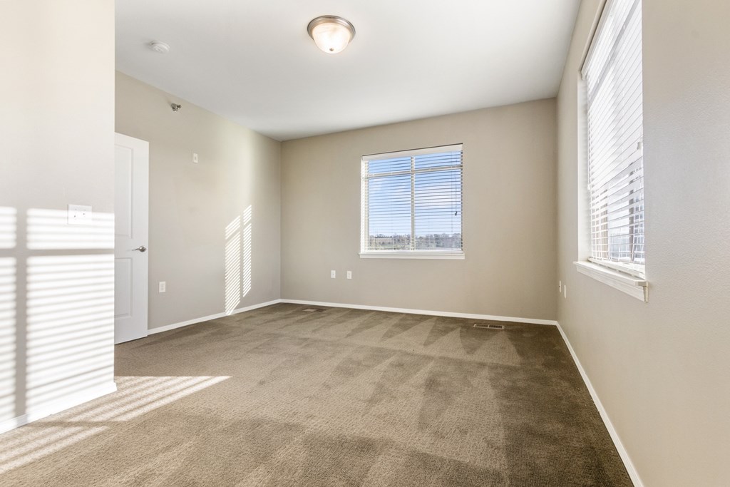 A room with a carpeted floor and a window with blinds.