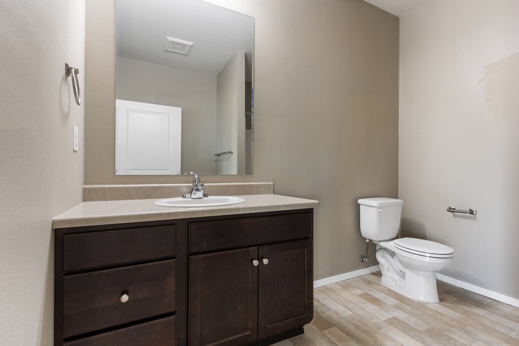 A bathroom with a white toilet and a vanity with a mirror.