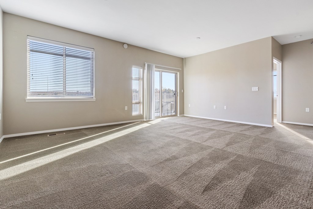 A large, empty room with carpeted flooring and a window with blinds.