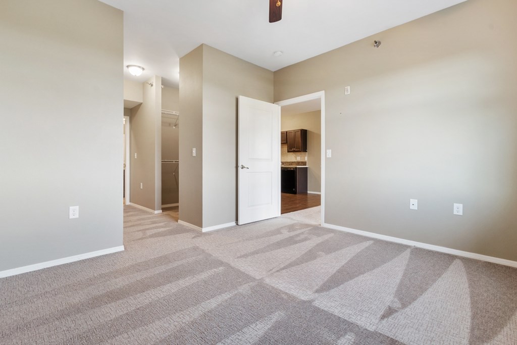 A room with a carpet and a white door.