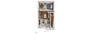 A floor plan of a small apartment with a kitchen, living room, and bathroom.