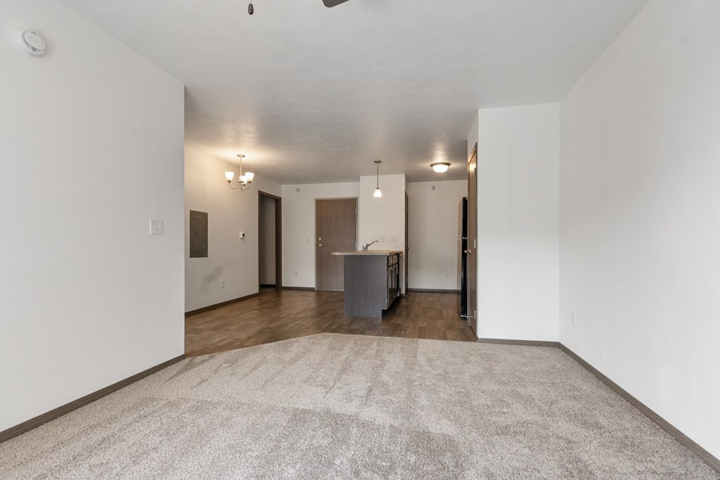 A room with a carpet on the floor and a table with chairs in the middle.