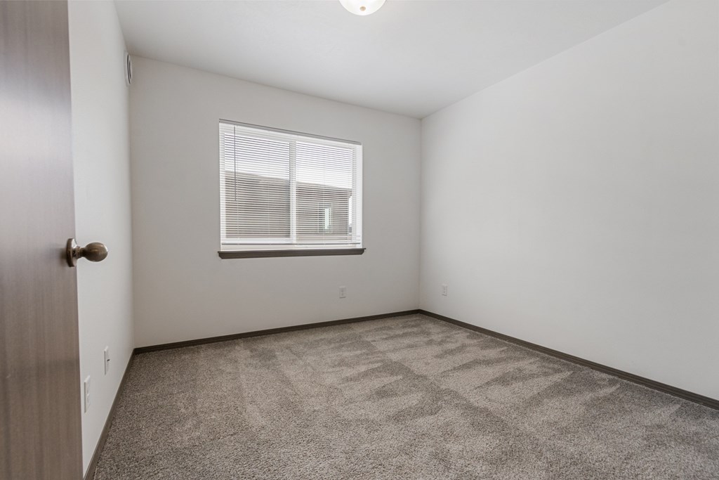 A room with a carpeted floor and a window with blinds.