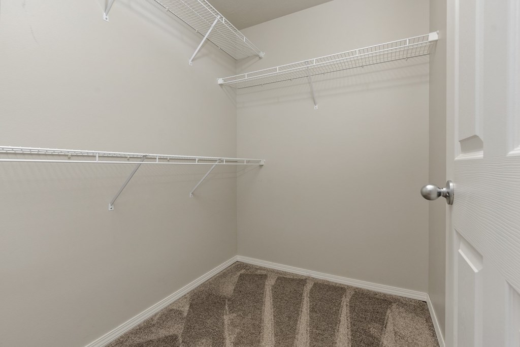 A white closet with a carpeted floor and a white door.