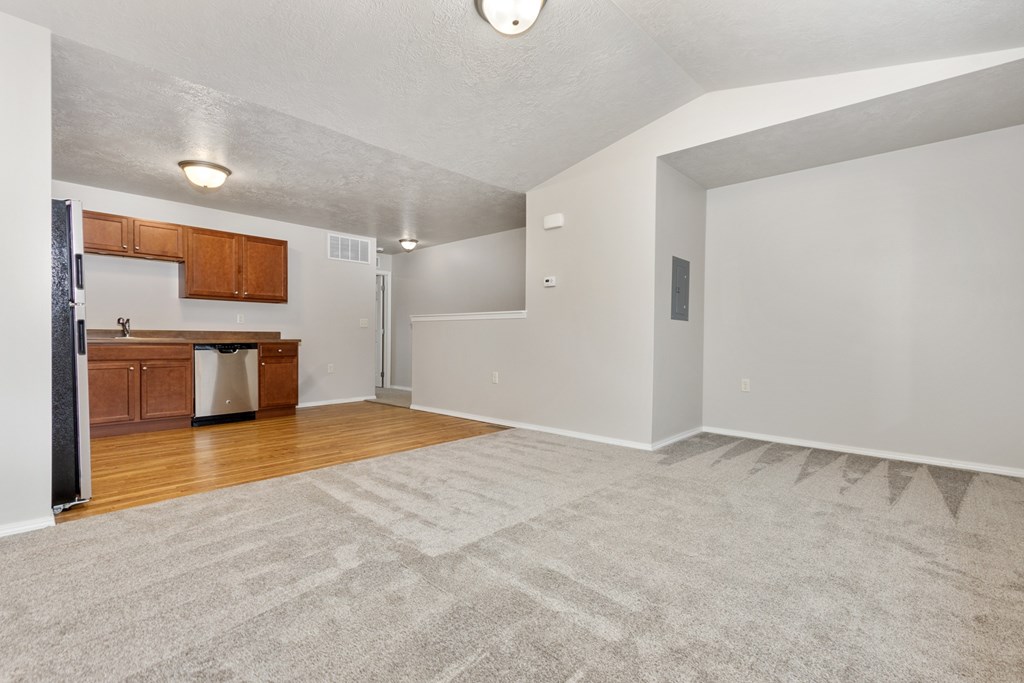 A spacious room with a carpeted floor and a kitchen area with wooden cabinets and a stainless steel dishwasher.