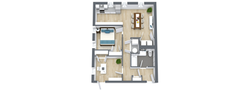 A floor plan of a house with a kitchen, living room, dining room, and bathroom.