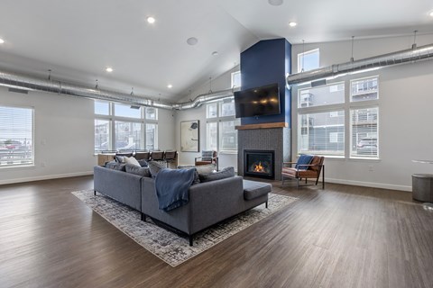A modern living room with a grey sofa and a fireplace.