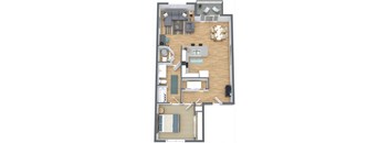 A floor plan of a two-bedroom apartment with a living room, kitchen, and bathroom.