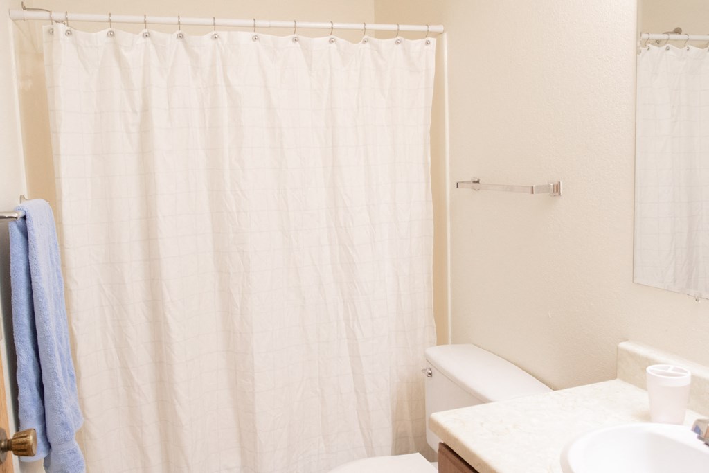 a bathroom with a white shower curtain and a toilet and sink