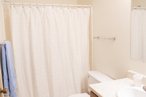 a bathroom with a white shower curtain and a toilet and sink