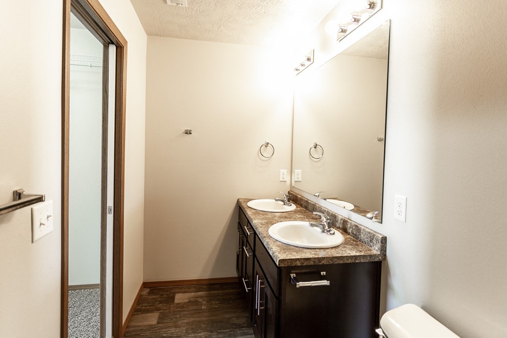a bathroom with two sinks and a mirror and a shower