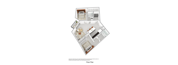 A detailed 3D floor plan of a house layout.