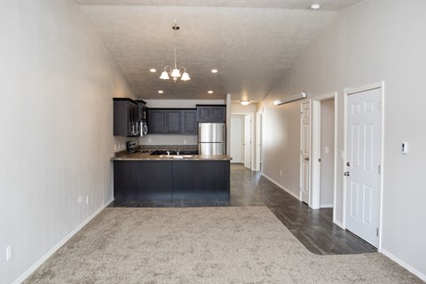 an empty kitchen and living room with black cabinets and white walls