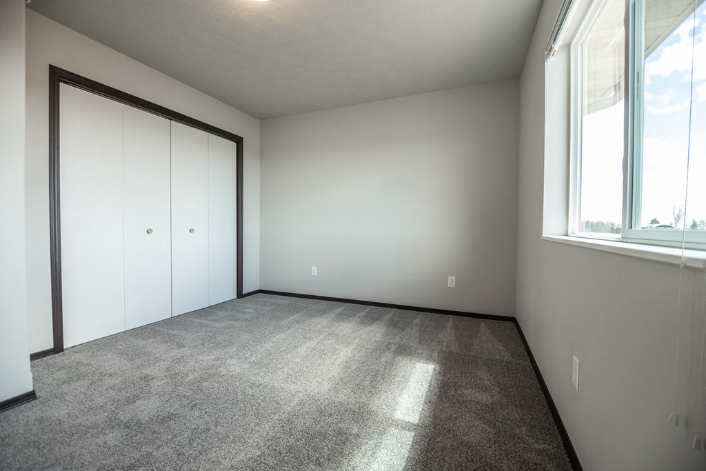 an empty room with carpet and two windows
