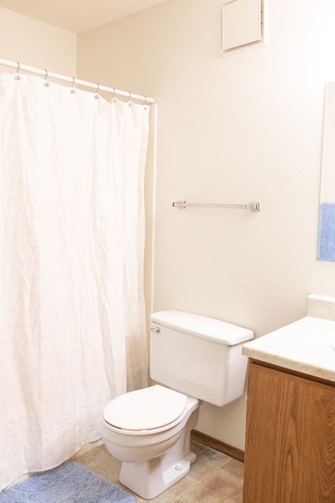 a bathroom with a toilet and a white shower curtain
