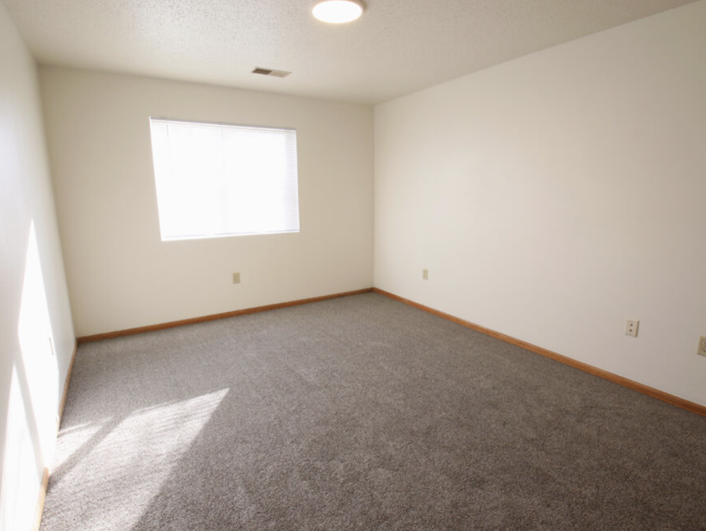 an empty room with carpet and a window