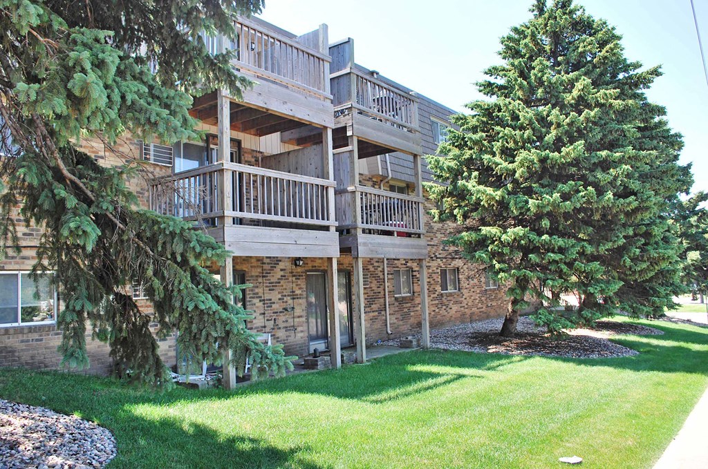 a view of the back of a building with two trees