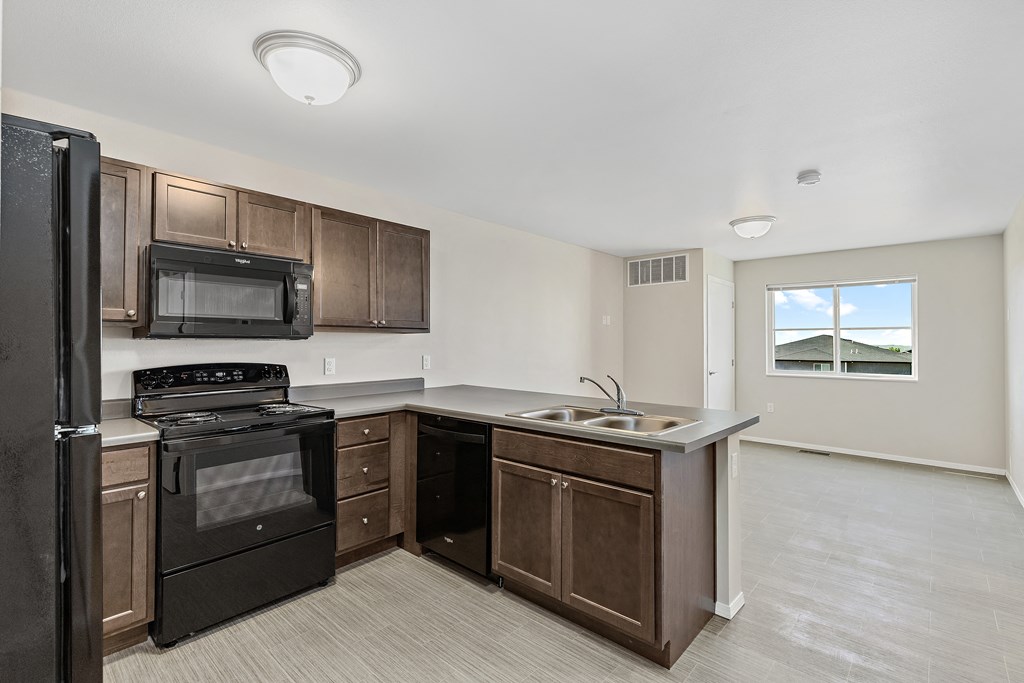 a kitchen with a sink and a stove and a refrigerator