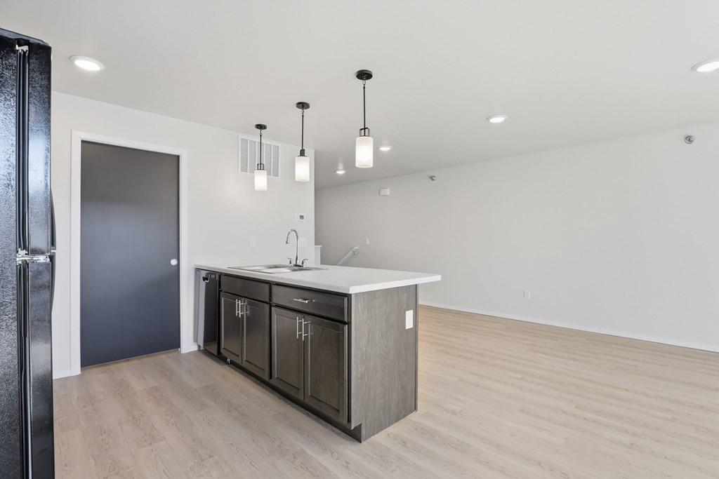 A modern kitchen with a dark grey door and wooden flooring.