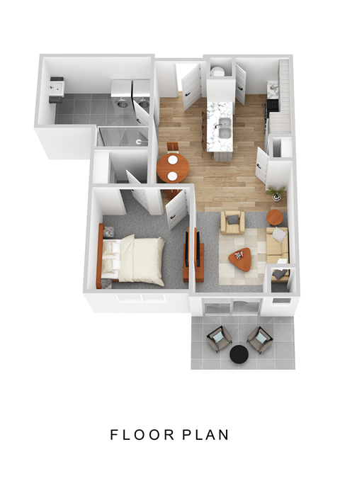 A floor plan of a house with a kitchen, living room, and two bedrooms.
