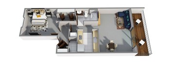 A top-down view of a house interior with a kitchen, living room, dining area, and bedrooms.