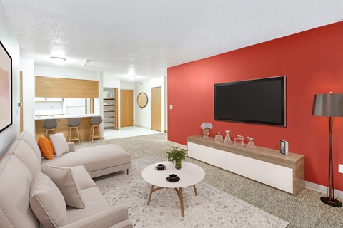 a rendering of a living room with a red wall and white furniture