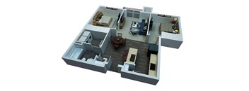 a 3d floor plan with a bedroom and living room