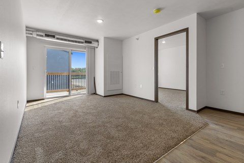 A spacious room with a carpeted floor and a sliding glass door leading to a balcony.