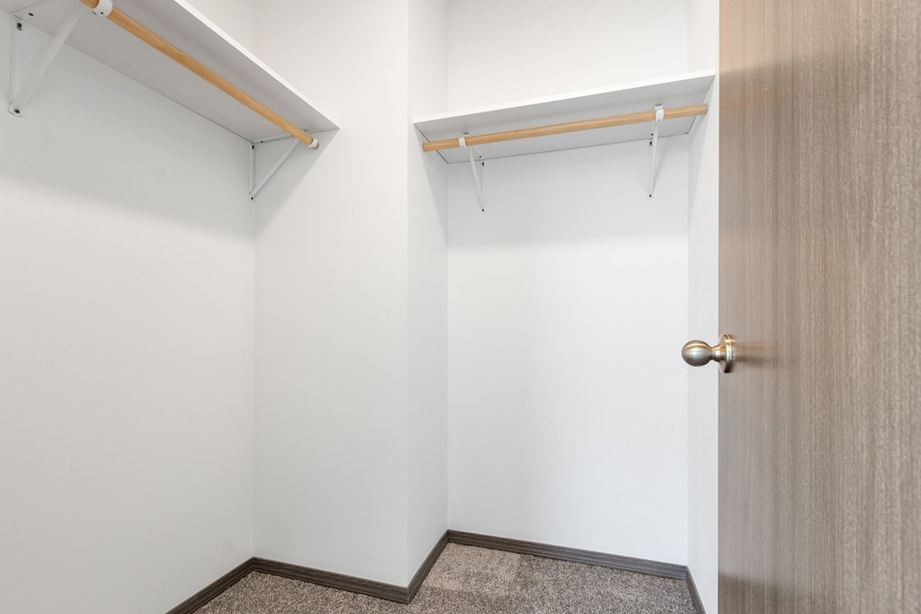 A room with a door, a carpet and a shelf.