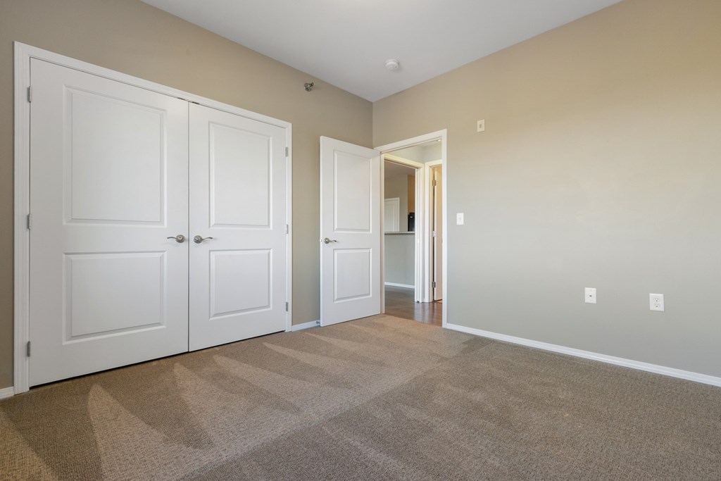 A room with two white doors and a carpeted floor.