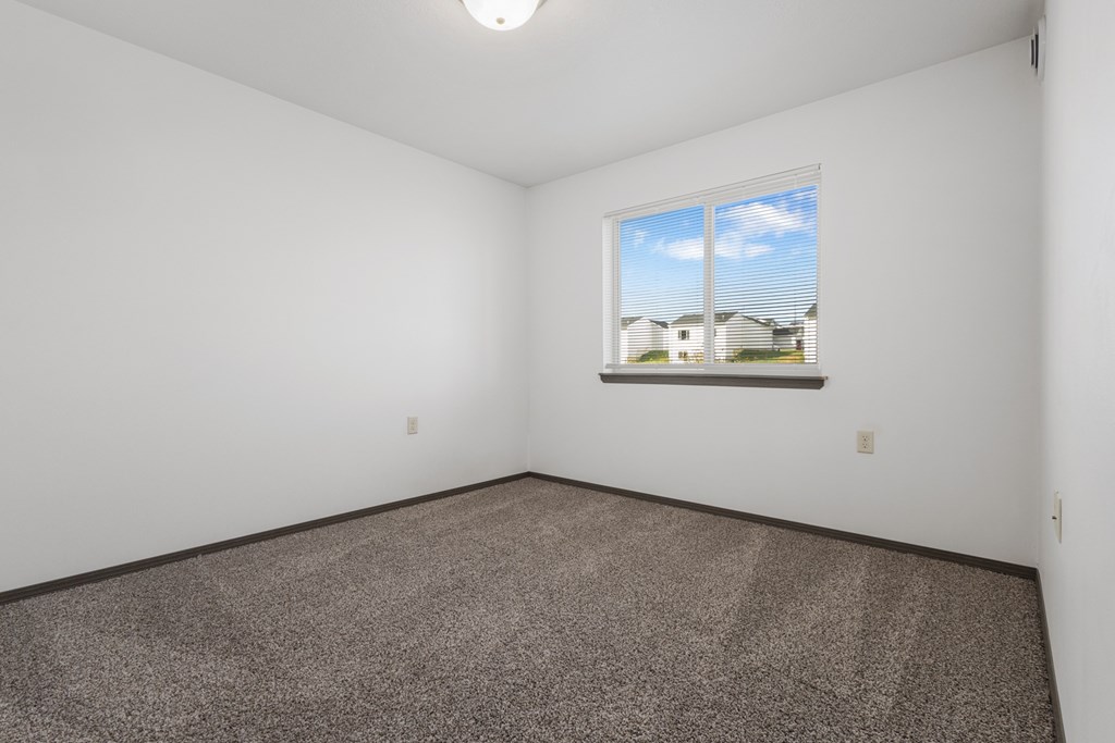 A room with a carpeted floor and a window showing a view of houses.