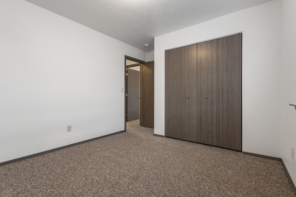 A room with a carpeted floor and a brown door.