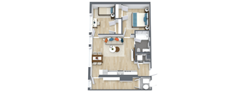 A top-down view of a small apartment with a kitchen, living room, and bedroom.