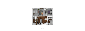 A floor plan of a small apartment with a kitchen, living room, and bedroom.
