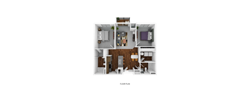 A 3D floor plan of a small apartment with a kitchen, living room, and bedroom.