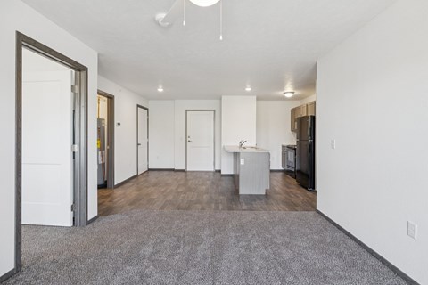 A spacious living room with a grey carpet and white walls.