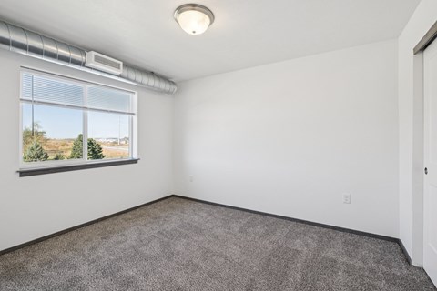 A room with a window and a carpeted floor.