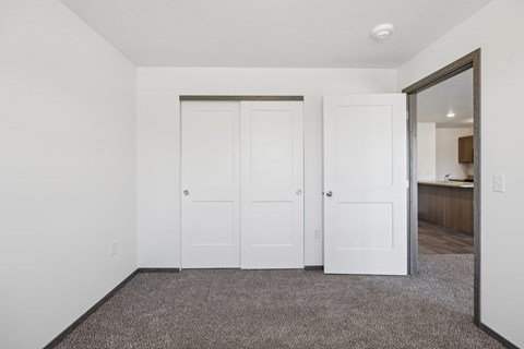 A room with white walls and a grey carpet with three white doors.
