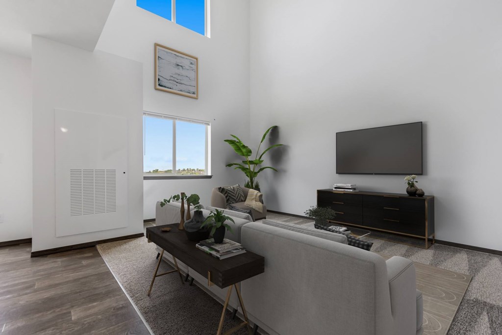 A living room with a grey couch, a coffee table, and a flat screen TV.