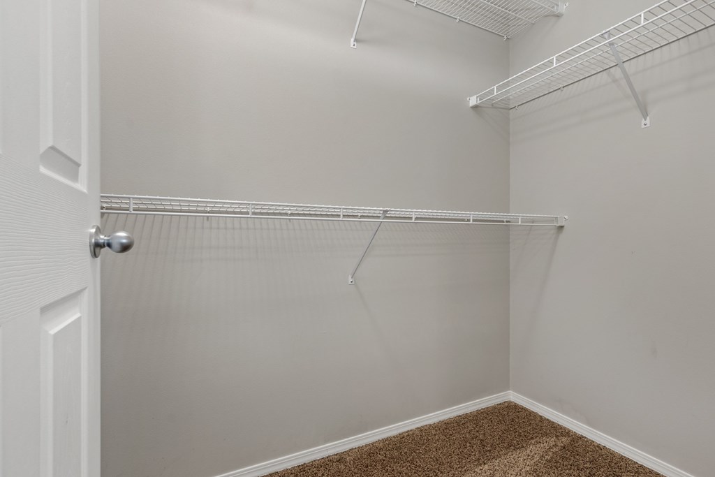 A white closet with a carpeted floor and a white door.